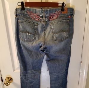 Vintage Y2K--Lucky Legend Distressed Embroidered Jeans 8, grunge Boho Festival